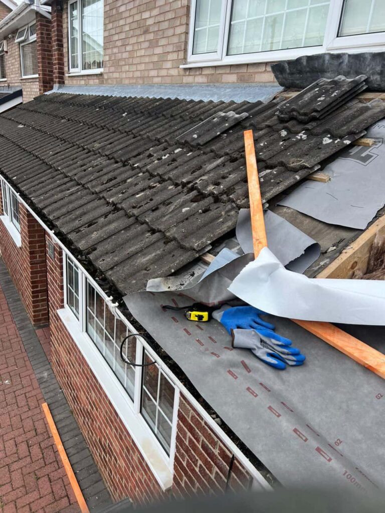 This is a photo of a pitched roof which is being repaired. The existing roof was leaking badly. Works carried out by Tuxford Roofing Repairs